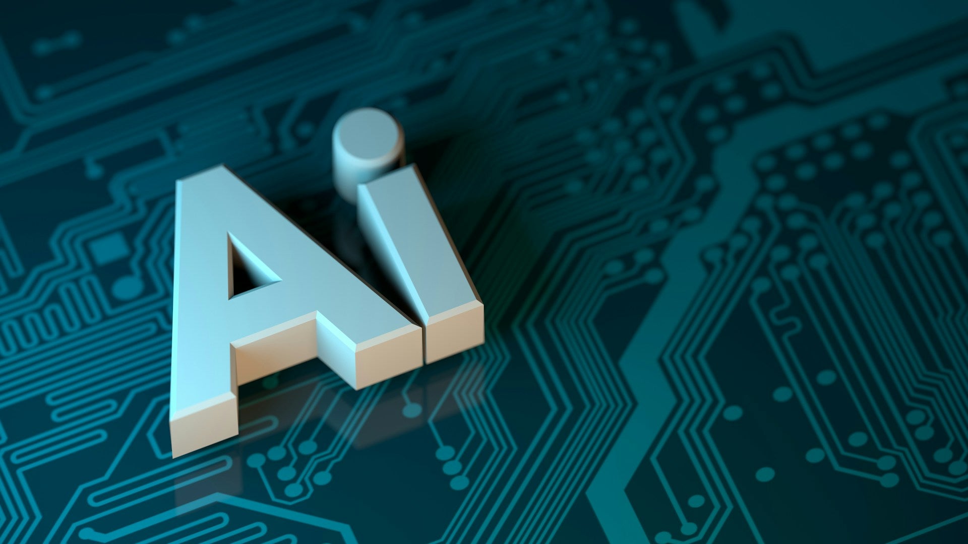 Letras "AI" en 3D sobre una placa de circuito impreso de color turquesa.